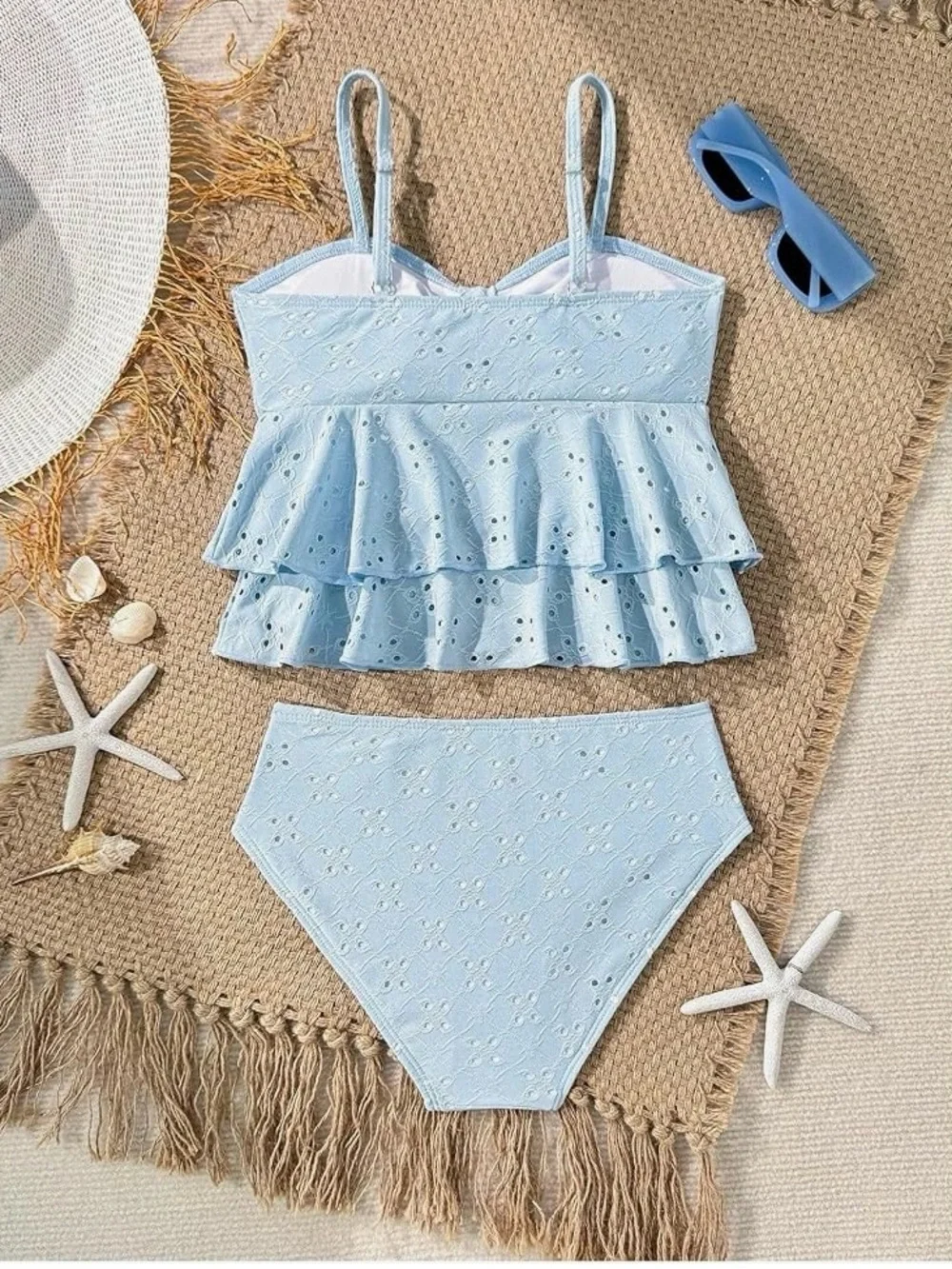Light Blue Eyelet Ruffle Tankini Set - Kids Swim